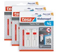 tesa Adhesive Nails for Wallpaper, Plaster, Adjustable, 1 kg - 3 x 2 Nails | Pack of 3 Height-Adjustable Wall Pegs for Canvases and Stretcher Frames - Self-Adhesive, 1 kg Holding Force per Peg