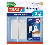 tesa Adhesive Nails, Tiles & Metal, 3 kg - 2 Nails + tesa Strips | Wall Pegs for Smooth, Solid Surfaces in Bathrooms and Kitchens - 3 kg Holding Force