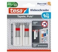 tesa Adhesive Screw for Wallpaper, Plaster, Adjustable - 1 kg - 2 Screws | Height-Adjustable, Self-Adhesive Wall Fixings for Textured, Solid Surfaces - 1 kg Holding Force per Screw