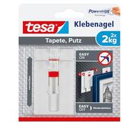 tesa Adjustable Adhesive Nail for Wallpaper and Plaster 2kg - Height Adjustable No Nails Picture Hanger - Pack of 2 Adhesive Nails and 6 Strips