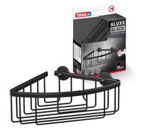 tesa ALUXX BLACK Wall Mounted Corner Shower Basket, Matt Black - Suits industrial style and modern bathrooms - Drill-free, with self-adhesive solution - 192 mm x 92 mm x 200 mm