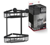 tesa ALUXX BLACK Wall Mounted Corner Shower Basket, Matt Black - Two levels - Suits industrial style and modern bathrooms - Drill-free, with self-adhesive solution - 163 mm x 260 mm x 170 mm