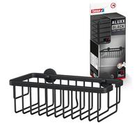 tesa ALUXX BLACK Wall Mounted Shower basket, Matt Black - extra deep for more room - Suits industrial style and modern bathrooms - Drill-free, with self-adhesive solution - 92 mm x 250 mm x 125 mm