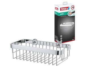 tesa Aluxx No Drill Wall Mounted Bathroom Shower Caddy, Chrome-Plated Aluminium Shower Basket, Removable Glue Adhesive.