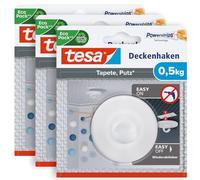 tesa Ceiling Hooks for Wallpaper and Plaster - 0.5 kg - 3 Hooks | Pack of 3 self-adhesive hooks for decorative items - incl. tesa Powerstrips Large - 500 g holding force per hook
