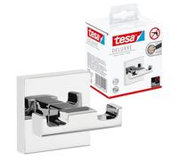 tesa DELUXXE Double Robe Hook - Self-Adhesive Bathrobe Hook in Stainless-Steel Design - Wall-Mounted Dressing Gown Holder - Waterproof, incl. Power.Kit Adhesive Solution - 50 mm x 80 mm x 43 mm