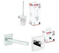 tesa DELUXXE toilet brush set, chrome-plated, with satin glass & replacement roll holder for toilet paper & towel hook for wall mounting without drilling