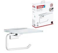 tesa DELUXXE toilet roll holder with shelf, self-adhesive, high-gloss chromed metal, exquisite design, guaranteed stainless, 99mm x 160mm x 139mm