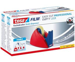 tesa Easy Cut Professional Desk Dispenser - 66m x 25mm - Red/Blue | Refillable stable tabletop holder for large adhesive film rolls - sharp perforated blade for home, school and office