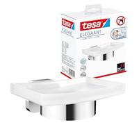 tesa ELEGAANT Soap Holder - No Drill Wall Mounted Satined Glass Soap Dish with Chrome-Plated Holder, Stainless - Waterproof - Includes Removable Glue Solution - 79mm x 124mm x 119mm