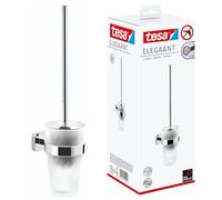 tesa ELEGAANT Toilet Brush Holder - Wall-Mounted, Stainless-Steel Toilet Brush with Bowl in Frosted-Glass Design - Waterproof, incl. Power.Kit Adhesive Solution - 445mm x 95mm x 137mm