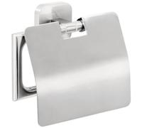 tesa® ESTEETIC Toilet Roll Holder with Lid - Wall-Mounted Toilet Paper Holder with Power.Kit Technology in Stainless-Steel Design - Waterproof, in dhesive Solution - 135mm x 132mm x 48mm