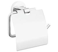 tesa EXXCELENT Toilet Roll Holder with Lid - Wall-Mounted Toilet Paper Holder with Power.Kit Technology in Stainless-Steel Design - Waterproof, in dhesive Solution - 140mm x 138mm x 52mm