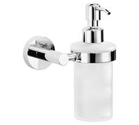 tesa EXXCELLENT Soap Dispenser Set - Chrome - 230 ml - 125 x 170 x 105 mm | Wall-mounted liquid soap pump with white frosted-glass bottle and pull function - No drilling - Includes Power.Kit adhesive