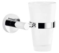 tesa EXXCELLENT Toothbrush Cup with Holder - Chrome - 130 x 125 x 105 mm | Wall-mounted dental care holder with frosted-glass cup - Chrome-plated metal - No drilling - Includes Power.Kit adhesive