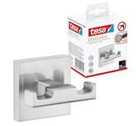 tesa EXXCLUSIV Double Robe Hook - Self-Adhesive Bathrobe Hook in Stainless-Steel Design - Wall-Mounted Dressing Gown Holder - Waterproof, incl. Power.Kit Adhesive Solution - 50mm x 60mm x 44mm