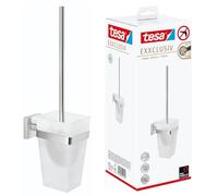 tesa EXXCLUSIV Toilet Brush Holder - Wall-Mounted, Stainless-Steel Toilet Brush with Bowl in Frosted-Glass Design - Waterproof, incl. Power.Kit Adhesive Solution - 445mm x 98mm x 138mm
