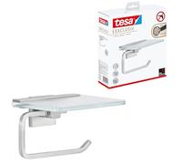 tesa EXXCLUSIV Toilet Roll Holder with Shelf - Steel Look - 160x99x139 mm | Wall-mounted loo roll holder with frosted-glass shelf - Rustproof steel finish - No drilling - Includes adhesive fixings