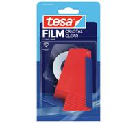 tesa Household Dispenser - Crystal Clear Roll - Red/Blue - 33m x 15mm | One-handed cutter with adhesive surface holder - includes 1 transparent adhesive film measuring 33 m x 15 mm