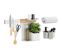 tesa Kitchen Organiser Combo Set XL - Self-Adhesive Kitchen Rail System, Herb Pot, 2 Shelves, Dishwasher Organiser, Knife and Kitchen Roll Holder, Hook Rail with 3 Hooks - Drill-Free - Bamboo/White