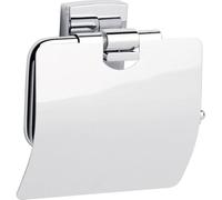 tesa KLAAM Toilet Roll Holder with Lid - Chrome - 142 x 95 x 47 mm | Wall-mounted loo roll dispenser for bathrooms and guest toilets - No drilling required - Includes removable adhesive solution