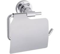 tesa LUUP Toilet Roll Holder with Lid - Chrome - 140 x 105 x 75 mm | Wall-mounted loo roll dispenser for bathrooms and guest toilets - No drilling required - Includes removable adhesive solution