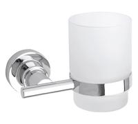tesa LUUP Toothbrush Cup - Dental Care Holder - Chrome - 120 x 95 x 100 mm | Wall-mounted dental care cup made of satin glass and chrome-plated metal - No drilling - Includes adhesive fixings