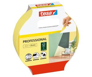 tesa Masking Tape Professional - Washi - Yellow - 1 Roll - 25 m x 25 mm | Gentle low-tack strip with flat paper backing - designed for precise masking on delicate indoor surfaces