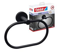tesa MOON Black Hand Towel Ring - No Drill Oval Bath Towel Ring, matt Black - Waterproof - Includes Removable Adhesive Solution - 53 mm x 184 mm x 130 mm