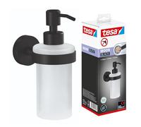 tesa MOON BLACK Soap Dispenser, matt black, satin glass pump dispenser, 200 ml - for industrial style and modern bathrooms - no drilling required, incl. adhesive solution - 171 mm x 70 mm x 119 mm