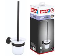 tesa® MOON BLACK Toilet Brush Set, with holder & toilet brush, matt black, satin glass - for industrial style and modern bathrooms - drill-free, incl. adhesive solution - 379 mm x 112 mm x 145 mm