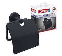 tesa MOON BLACK Toilet Roll Holder without Lid - 140 x 53 x 128 mm | Wall-mounted loo roll dispenser for bathrooms, guest WCs - Matt black powder-coated metal - No drilling - Includes adhesive