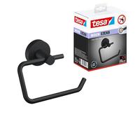 tesa® MOON BLACK Toilet Paper Holder, matt black - Roll holder without lid for industrial style and modern bathrooms - drill-free, incl. adhesive solution - 99 mm x 140 mm x 53 mm