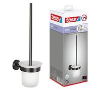 tesa MOON WC set with holder & toilet brush in brushed graphite, with satin glass - self-adhesive, made of PVD-coated metal - drill-free, incl. adhesive solution - 379 mm x 112 mm x 145 mm