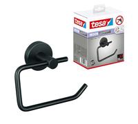 tesa MOON GRAPHITE Toilet Roll Holder without Lid - 140 x 99 x 53 mm | Wall-mounted loo paper dispenser for bathrooms - Brushed graphite PVD-coated metal - No drilling - Includes adhesive solution