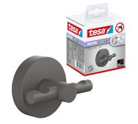 tesa Moon Grey Bathrobe Hook - Double Robe Hanger - 65 x 50 x 53 mm | Set of 2 wall-mounted bathroom hooks for robes - Matt grey powder-coated metal - No drilling - Includes adhesive solution