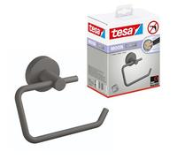 tesa MOON GREY Toilet Roll Holder without Lid - 140 x 99 x 53 mm | Wall-mounted loo paper dispenser for modern bathrooms - Matt grey powder-coated metal - No drilling - Includes adhesive