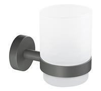 tesa Moon Grey Toothbrush Tumbler Made of Satin Glass with Holder, matt Grey - for bathrooms in Industrial Style and Modern bathrooms - Drill-Free, incl. Adhesive Solution - 96 mm x 70 mm x 109 mm