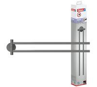 tesa MOON GREY Towel Holder 2-arm, matt grey, for bathroom and WC - for bathrooms in industrial and modern style - drill-free, incl. adhesive solution - 84 mm x 50 mm x 456 mm