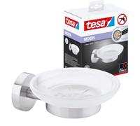 tesa MOON Soap Dish - Frosted Glass - Chrome - 110 x 52 x 130 mm | Wall-mounted soap holder with chrome-plated metal bracket - Stainless and waterproof - Includes removable adhesive fixings