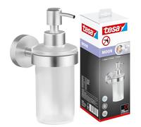 tesa MOON Soap Dispenser - No Drill Wall Mounted Chrome-Plated Dispenser for 200 ml Liquid Soap with Satined Glass Bottle, Stainless - Includes Removable Adhesive Solution - 109 mm x 70 mm x 156 mm
