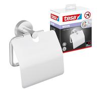 tesa MOON Toilet Paper Holder with Lid -Toilet Paper Holder for Bathrooms and Guest Toilets - matt black - Including Self-Adhesive Solution without Drilling- 53 mm x 140 mm x 128 mm