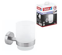 tesa MOON Toothbrush and Toothpaste Holder - No Drill Wall Mounted Satined Cup with Chrome-Plated Holder, Stainless - Waterproof - Includes Removable Glue Solution