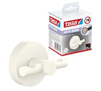 tesa Moon White Bathrobe Hook - Double Robe Hanger - 65 x 50 x 53 mm | Set of 2 wall-mounted bathroom hooks for robes - Matt white powder-coated metal - No drilling - Includes adhesive solution
