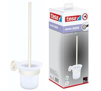 tesa MOON WHITE Toilet Brush Set - WC Brush - 112 x 379 x 145 mm | Wall-mounted sanitary cleaner with satin-glass bowl - Matt white powder-coated metal - No drilling - Includes adhesive