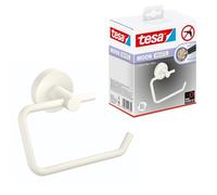 tesa MOON WHITE Toilet Roll Holder without Lid - 140 x 99 x 53 mm | Wall-mounted loo paper dispenser for bathrooms - Matt white powder-coated metal - No drilling - Includes adhesive solution