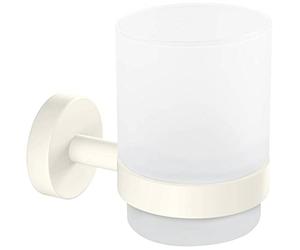 tesa MOON WHITE Toothbrush Cup - Dental Care Holder - 70 x 96 x 109 mm | Wall-mounted dental care cup in satin glass - Matt white powder-coated metal - No drilling - Includes adhesive solution