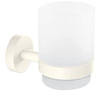 tesa MOON WHITE Toothbrush Tumbler made of satin glass with holder, matt white - for bathrooms in industrial style and modern bathrooms - drill-free, incl. adhesive solution - 96 mm x 70 mm x 109 mm