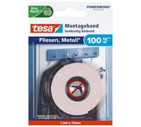 tesa Powerbond Double-Sided Fixing Tape for Tiles and Metal - Wall Mounting Tape - Suitable for Wet Rooms, Bathrooms - 1.5 m x 19 mm - 100kg /m