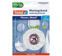 tesa Powerbond Mounting Tape, Tiles & Metal - 10 kg - 1.5 m x 19 mm | Suitable for Damp Areas - Double-Sided Mounting Tape - For Smooth Surfaces - Holding Force of up to 10 kg per Metre